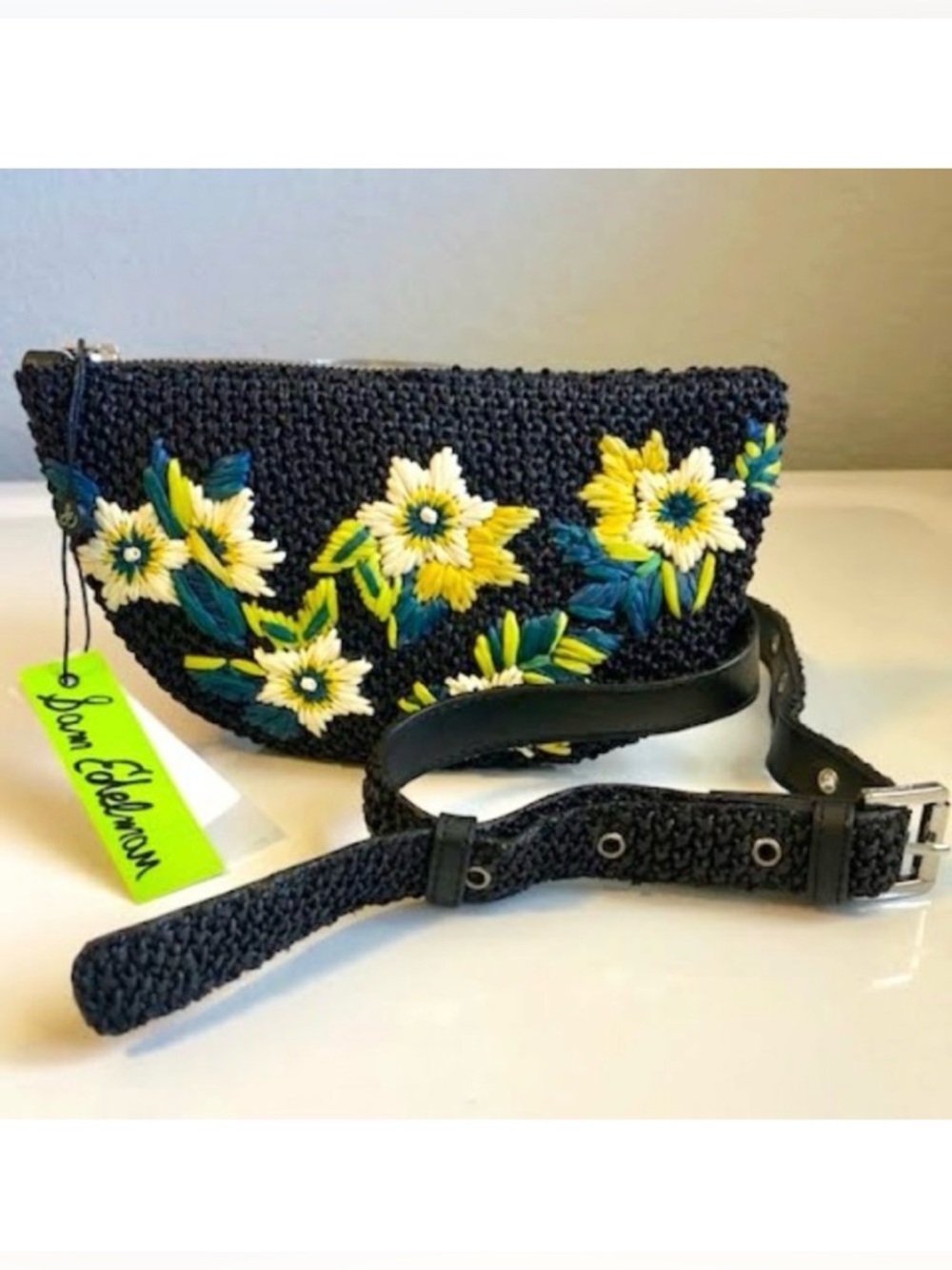 SAM EDELMAN Darcy Boho Embroidered Straw Crossbody Sling Belt Bag Blk\Yellow NWT